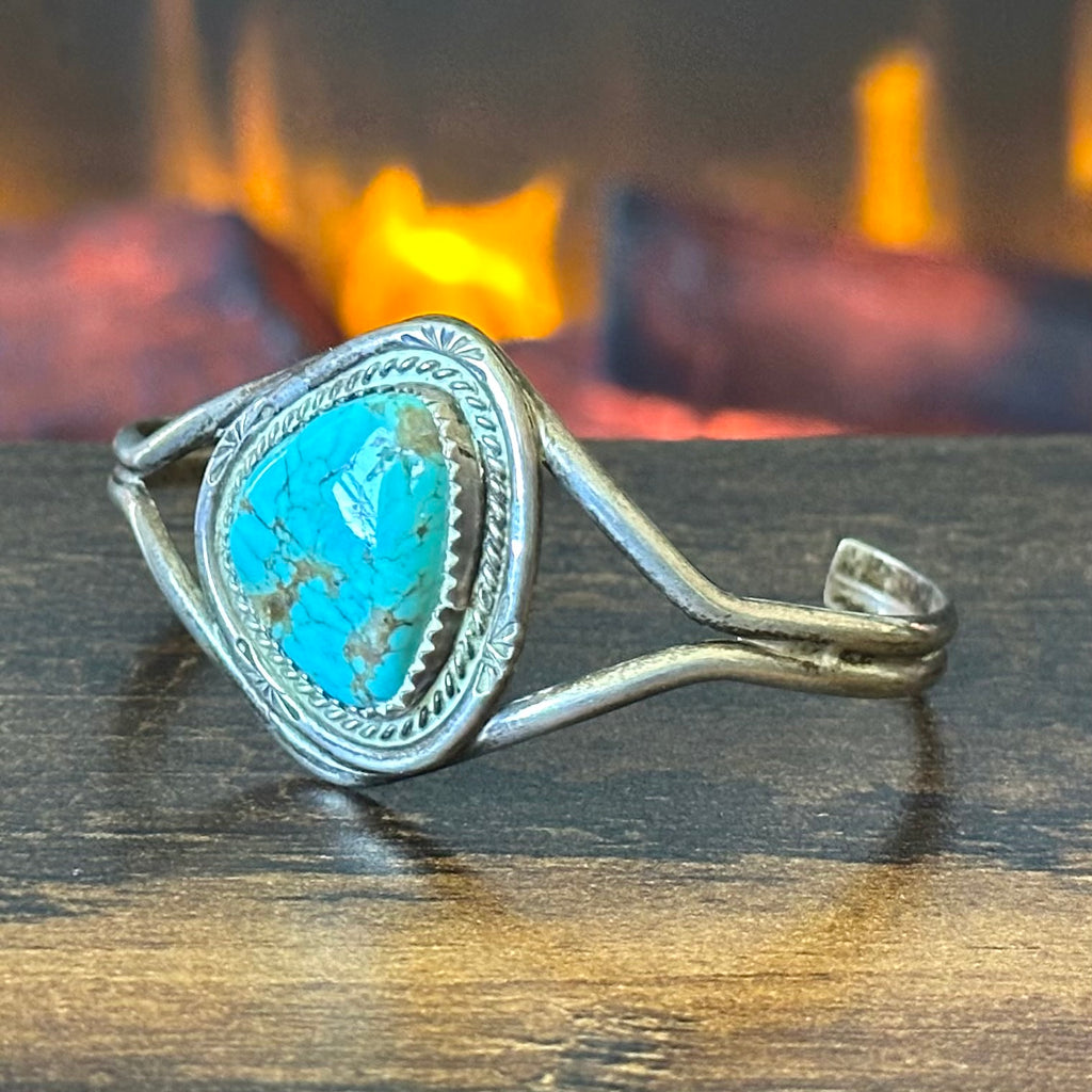 Turquoise Sterling Hand Stamped Twist Wire Bezel Cuff