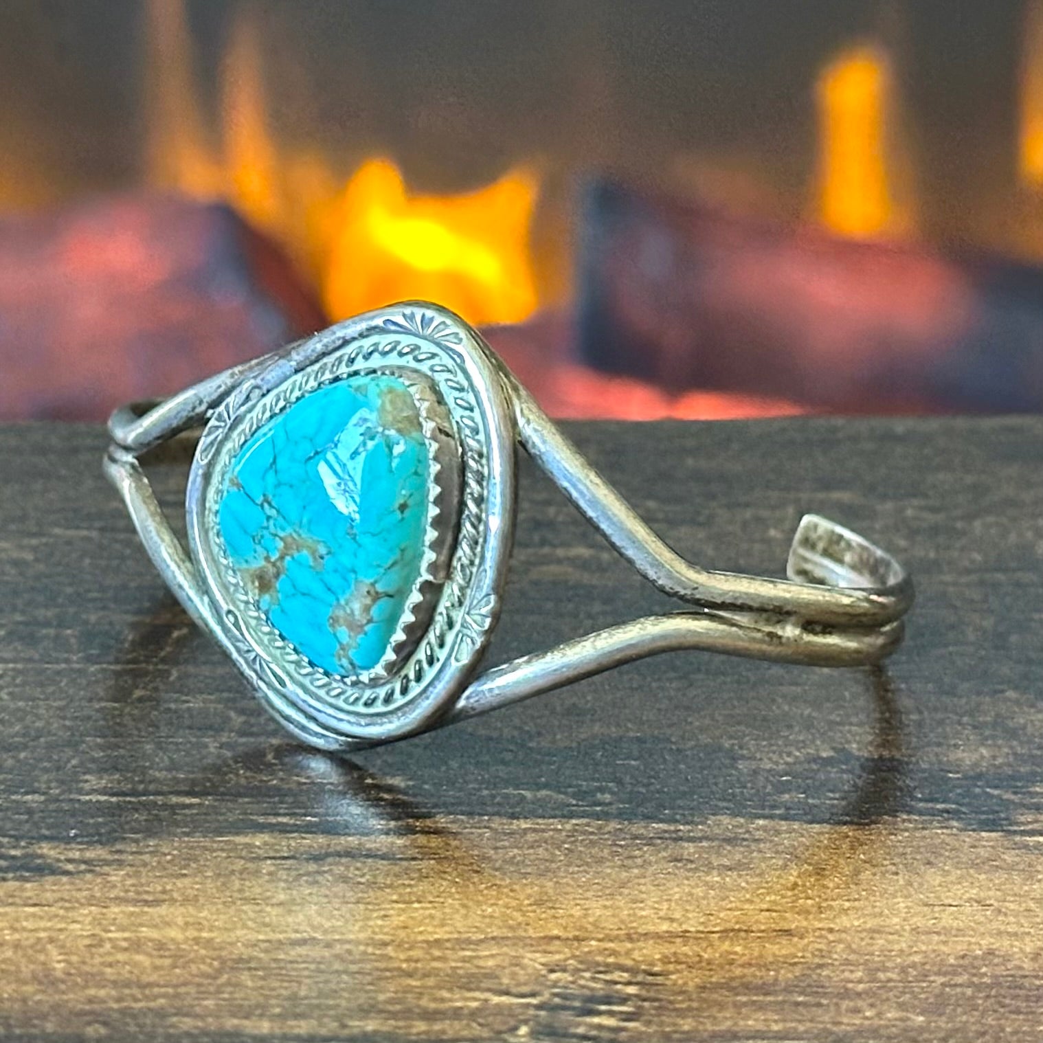 Turquoise Sterling Hand Stamped Twist Wire Bezel Cuff