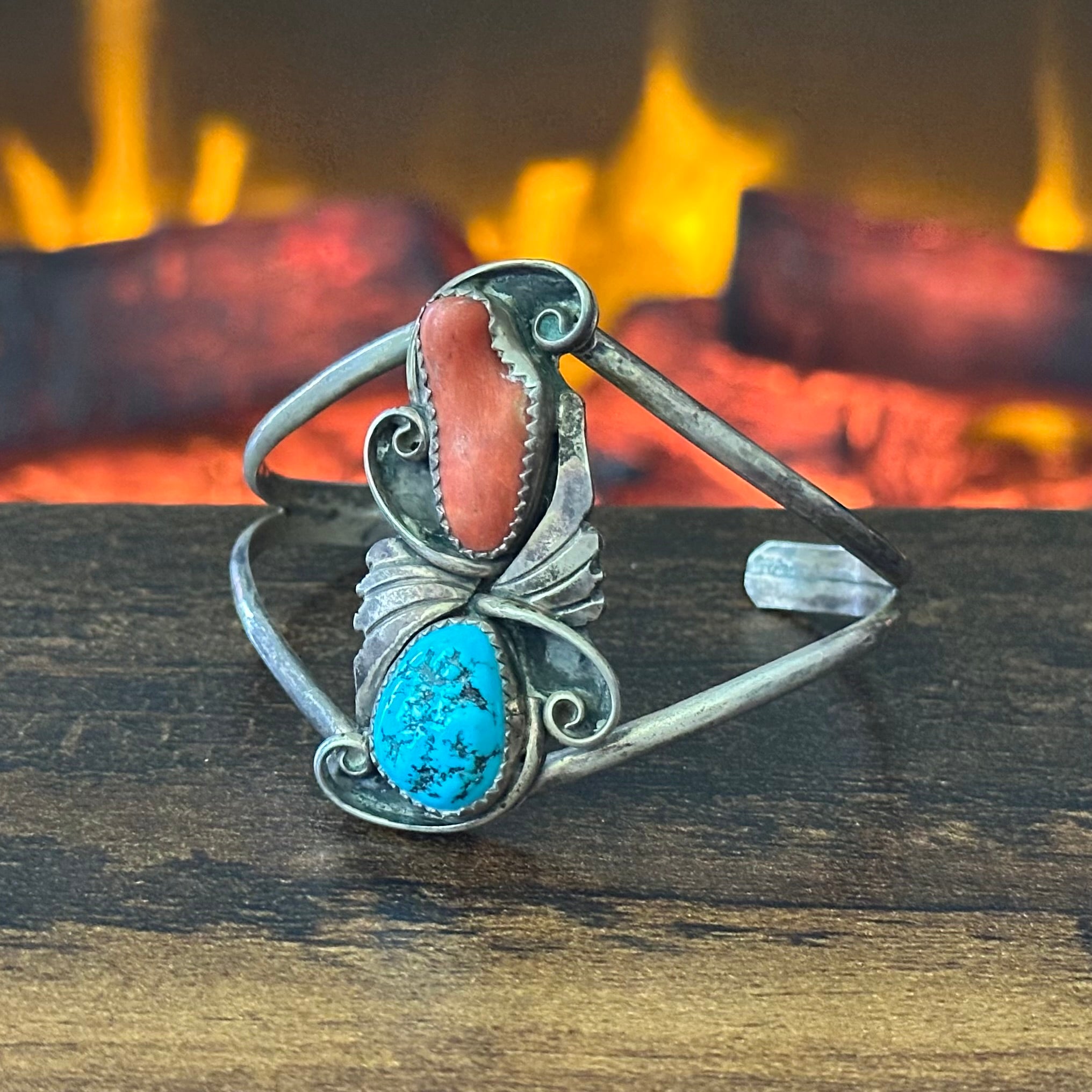 Vintage Turquoise Red Coral Sterling Statement Cuff
