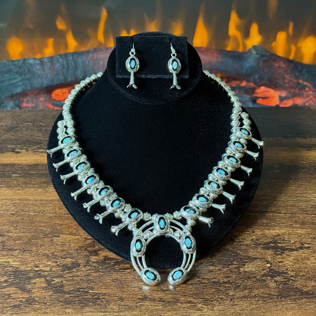 Navajo Phil & Lenora Garcia Golden Hills Turquoise 19 Stone Sterling Shadowbox Squash Blossom Necklace Earrings Set