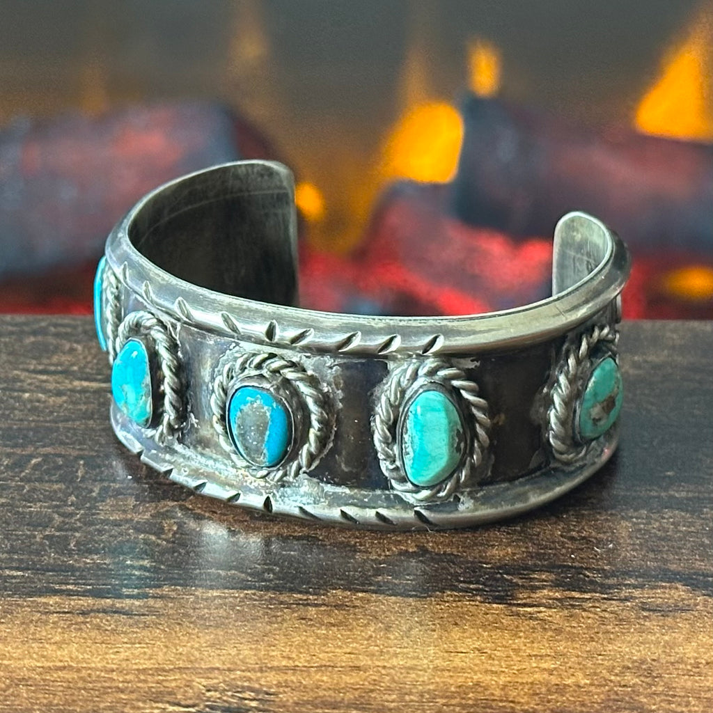 Vintage Turquoise 5 Stone Sterling “1972” Twist Wire Statement Cuff