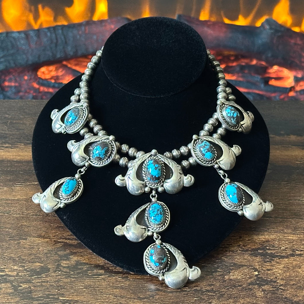 State Line Indian Jewelry Webbed Turquoise 9 Stone Sterling Hand Stamped Twist Wire Bezel Statement Necklace