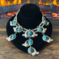 State Line Indian Jewelry Webbed Turquoise 9 Stone Sterling Hand Stamped Twist Wire Bezel Statement Necklace