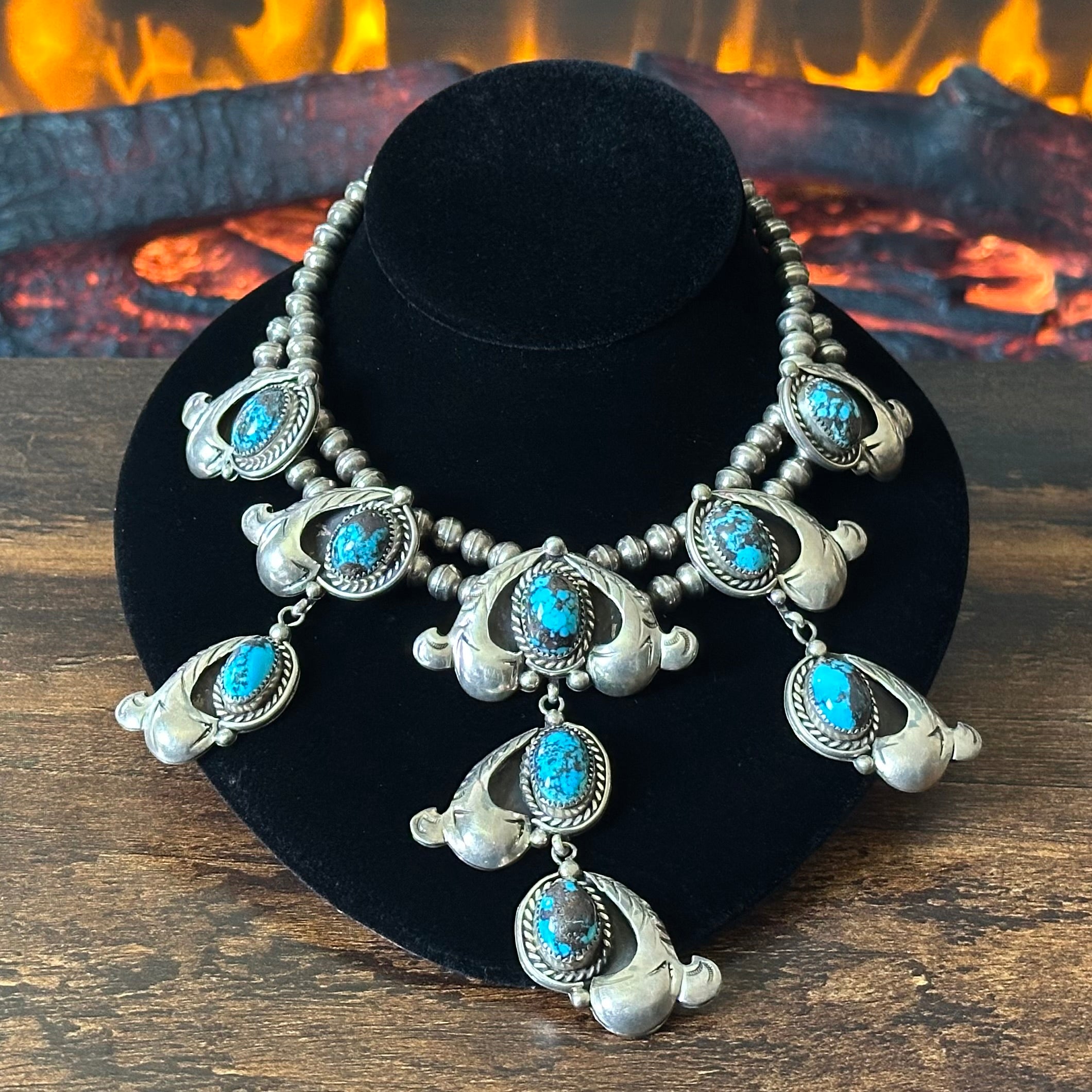 State Line Indian Jewelry Webbed Turquoise 9 Stone Sterling Hand Stamped Twist Wire Bezel Statement Necklace