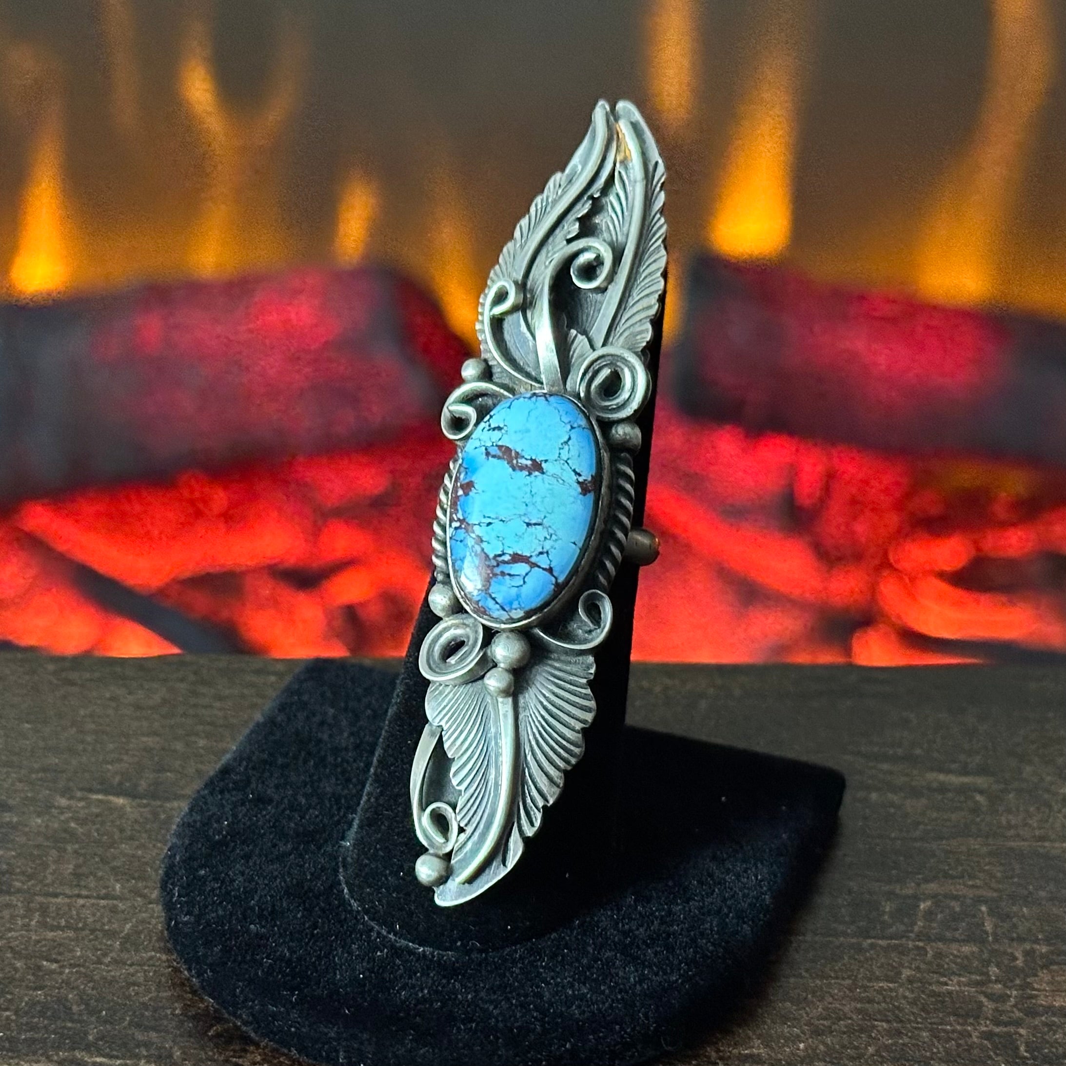 Navajo Jimmy Lee Golden Hills Turquoise Sterling Ornate Feather Ring