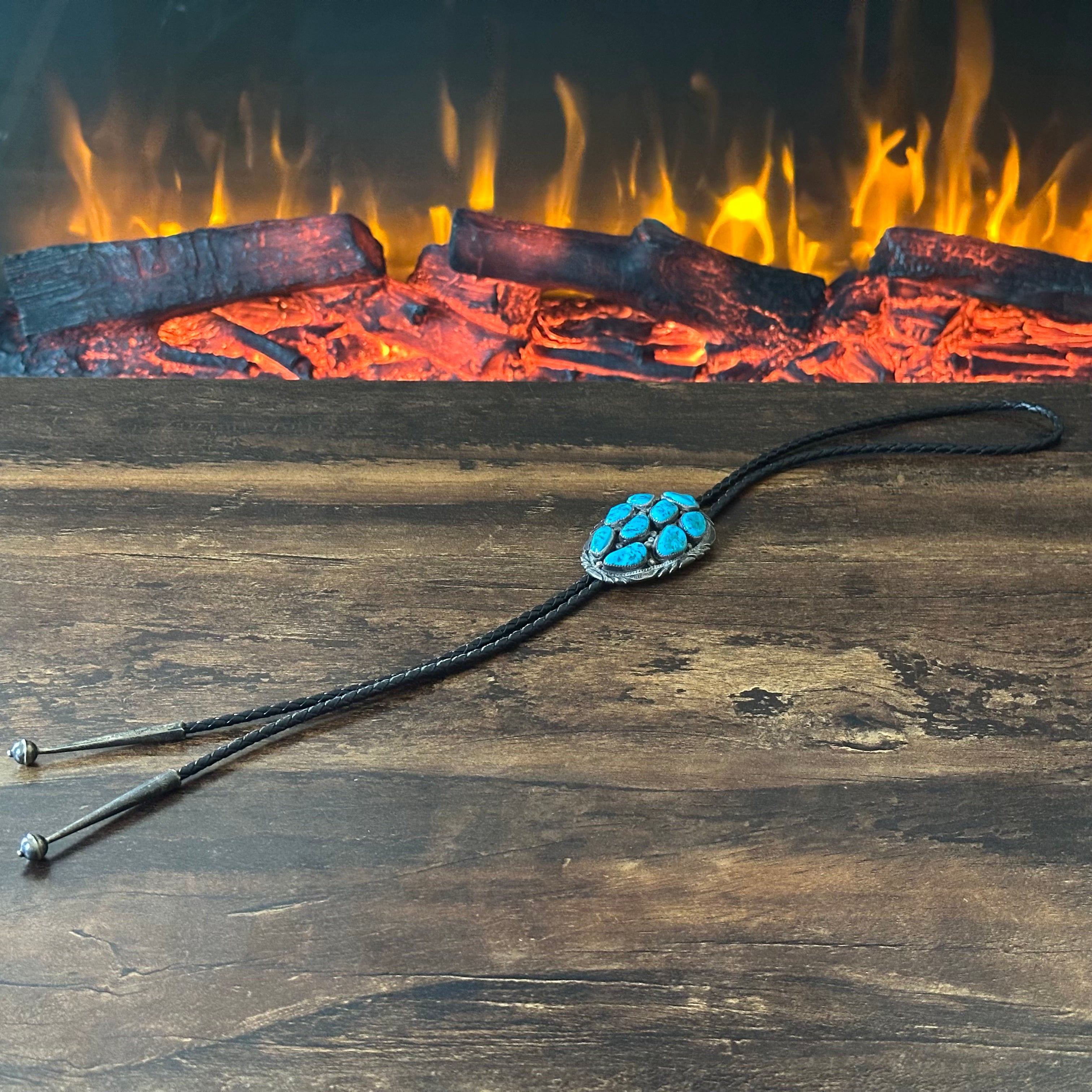 Turquoise Sterling 9 Stone Cluster Hand Stamped Bolo Tie
