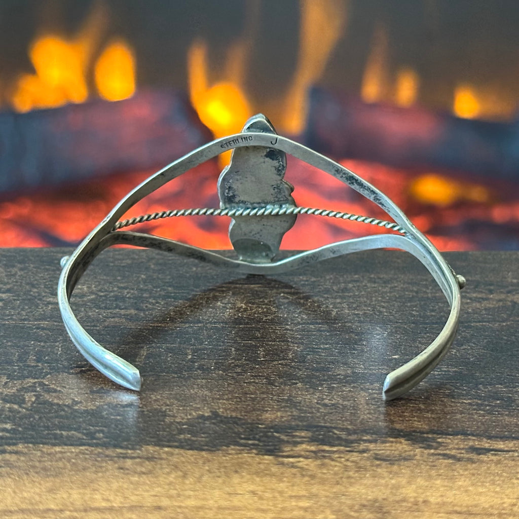 Vintage J Signed Onyx 2 Stone Sterling Hand Stamped Twist Wire Leaf Cuff