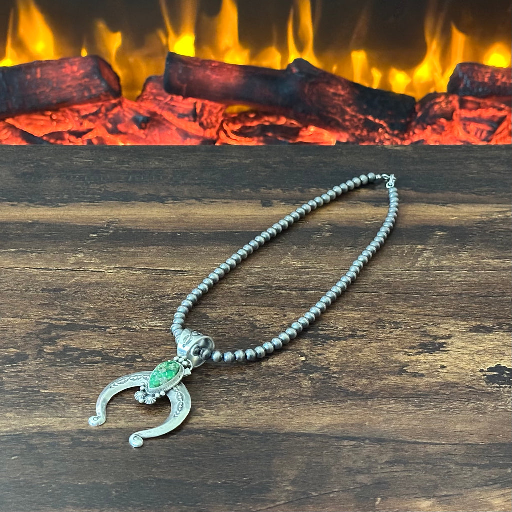 Navajo Samuel Yellowhair Sonoran Gold Turquoise Sterling Hand Stamped Naja Pendant Necklace