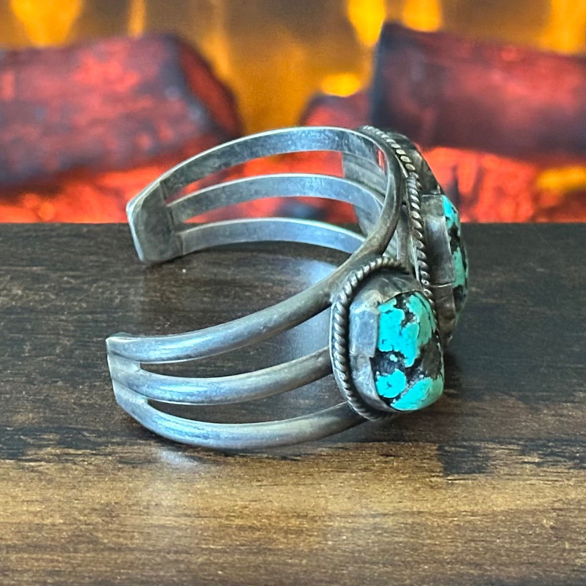 Vintage Turquoise 3 Stone Sterling Twist Wire Bezel Nugget Cuff