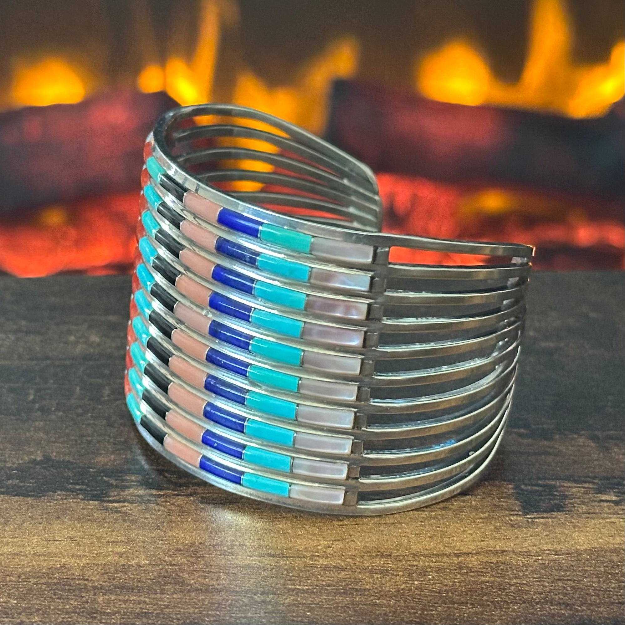 Zuni Anson & Leticia Wallace Turquoise Lapis Pink Conch MOP Onyx 80 Stone Sterling Inlay Statement Cuff