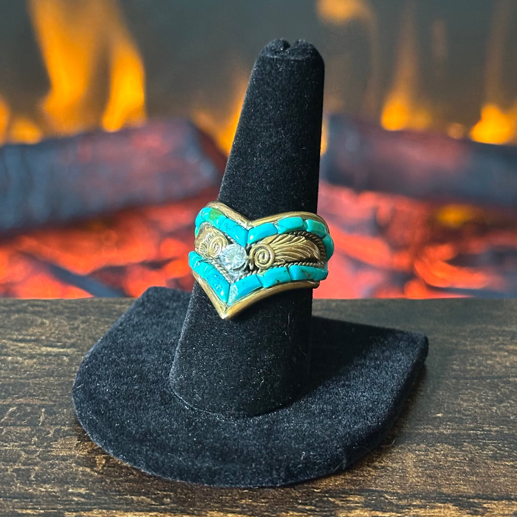 Silver Ray Turquoise Gold Over Sterling Ornate Inlay Ring