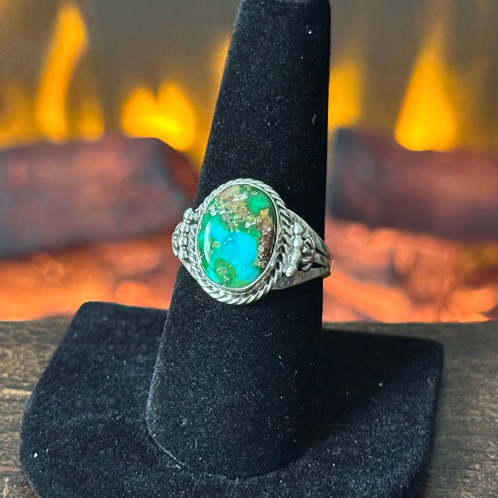 Navajo Samuel Yellowhair Sonoran Gold Turquoise Sterling Twist Wire Bezel Ring
