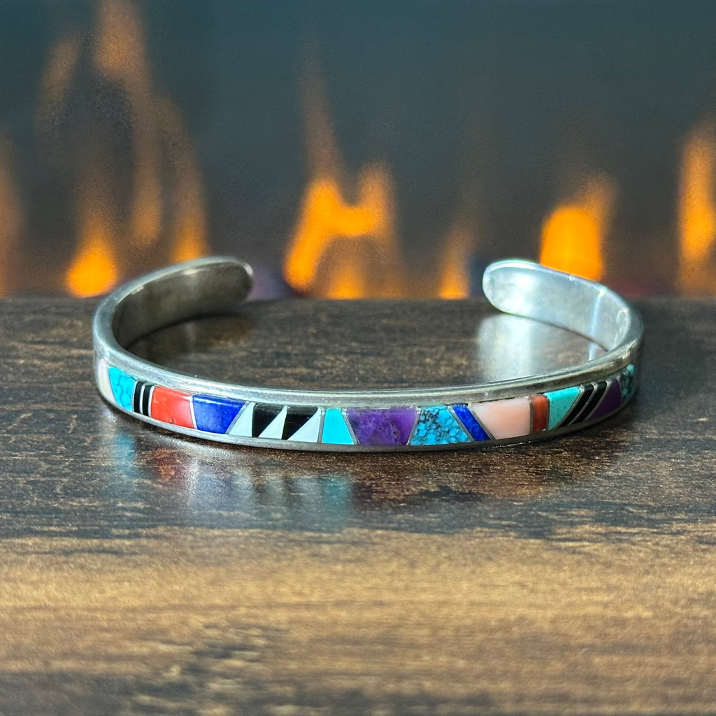 Signed Turquoise Charoite Red Coral Lapis Pink Conch Onyx Sterling Inlay Stacker Cuff