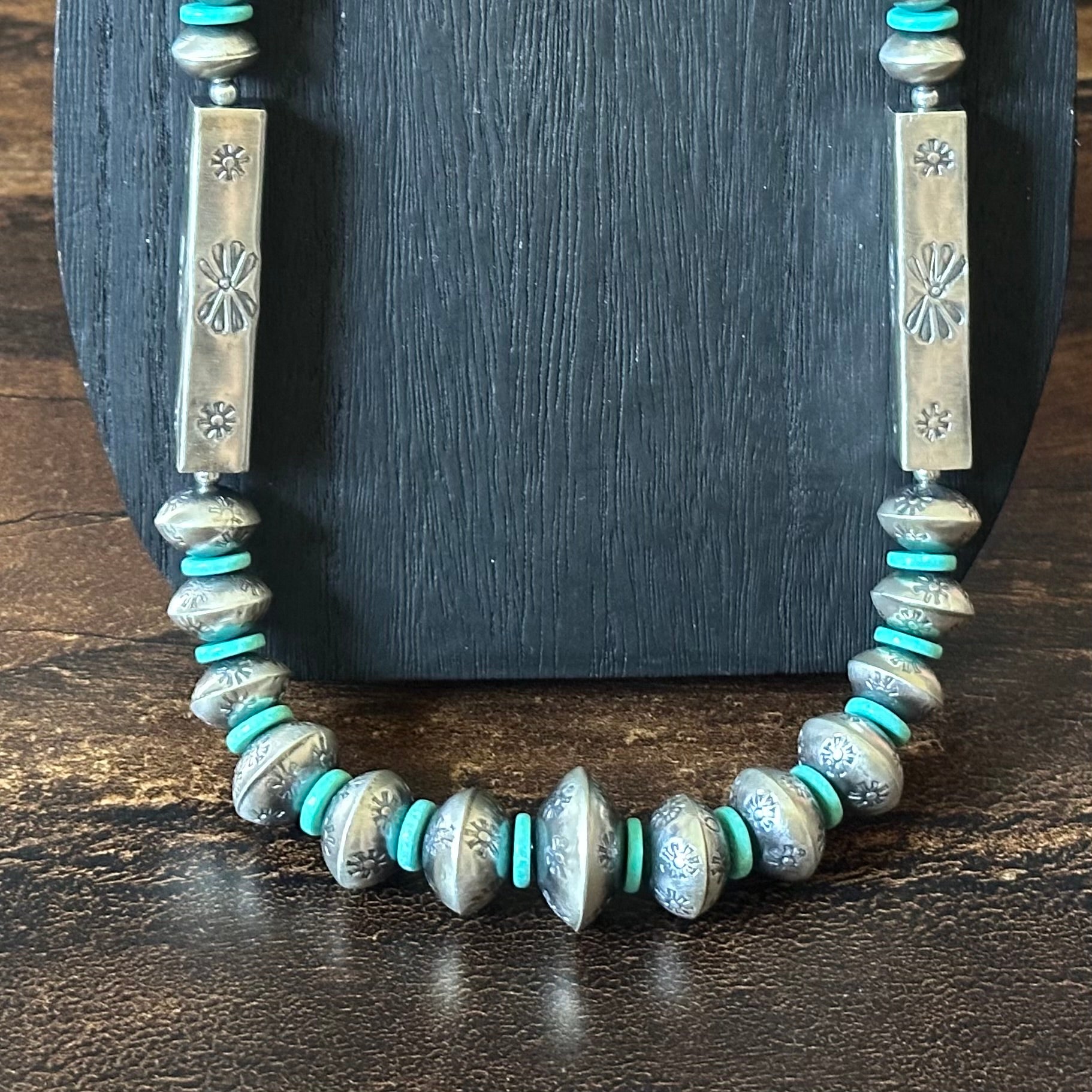 Navajo Tysha Aparicio Turquoise Sterling Handmade Rectangular Bead Stamped Necklace Earrings Set